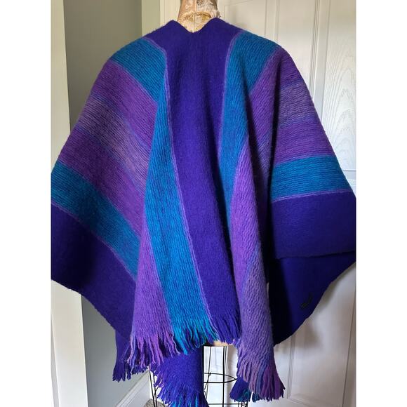 Vintage Poncho Shawl wrapThick boiled Wool purple blue Colombia open front